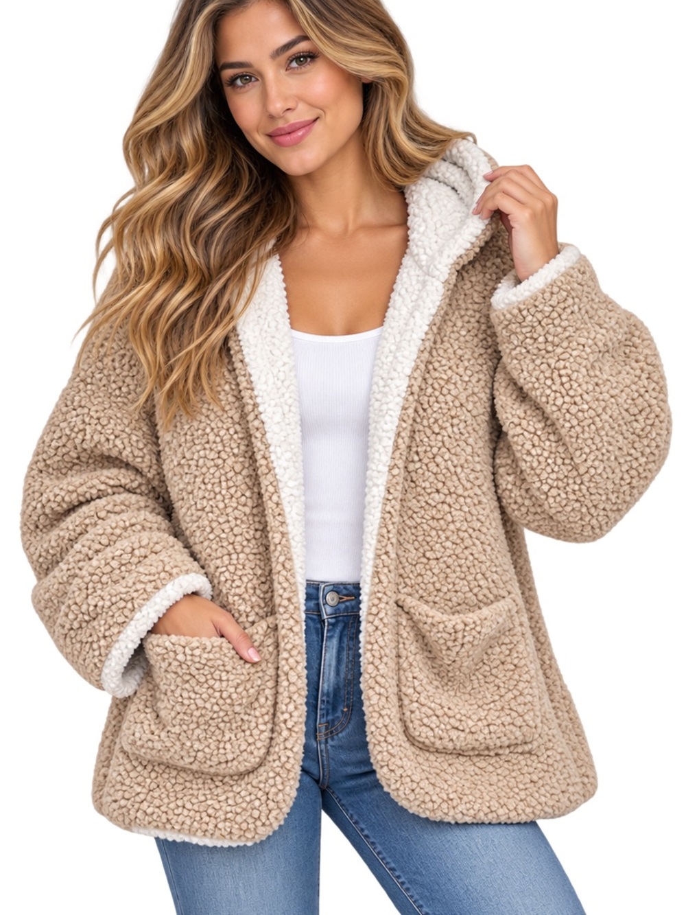 Love Tree Women’s Medium Tan Cream Reversible Sherpa Hooded Jacket Coat